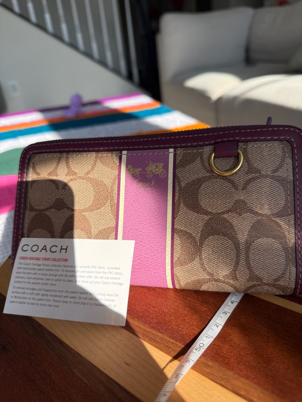 Coach Brown Signature Canvas Zip Wallet with Purple Trim - Picture 2 of 14